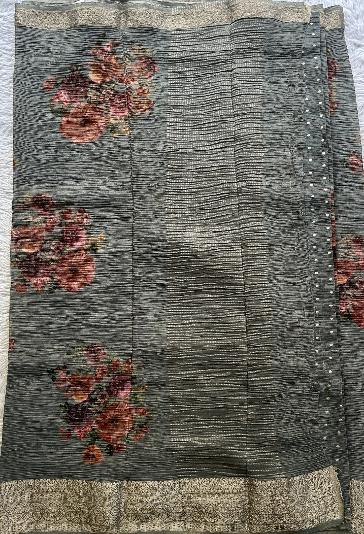 Banarasi Fancy Crushed Saree Gray Colored Complemented with a Zari Border. - Sampradaya Designer Studio