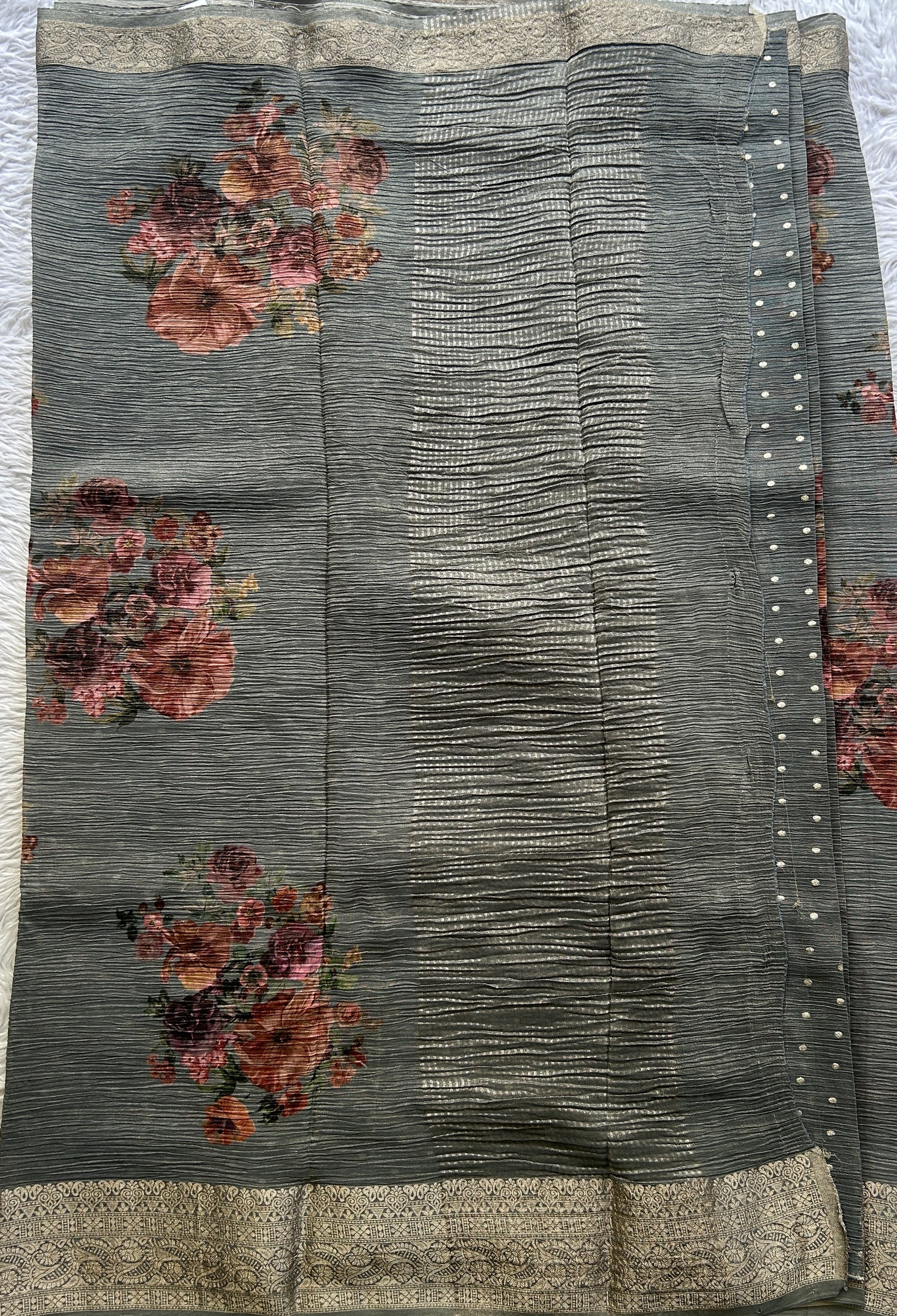 Banarasi Fancy Crushed Saree Gray Colored Complemented with a Zari Border. - Sampradaya Designer Studio