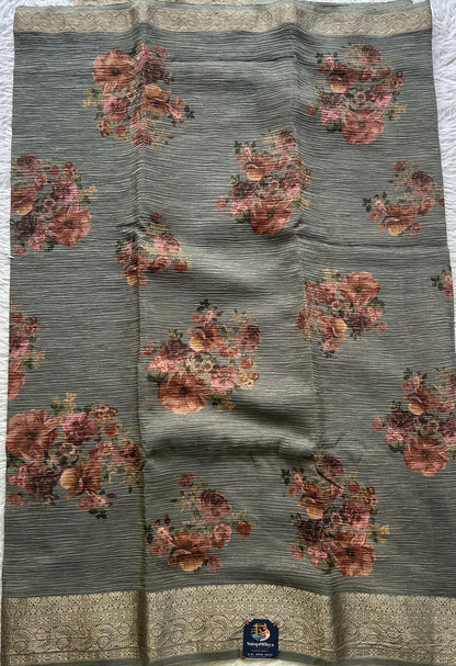 Banarasi Fancy Crushed Saree Gray Colored Complemented with a Zari Border. - Sampradaya Designer Studio