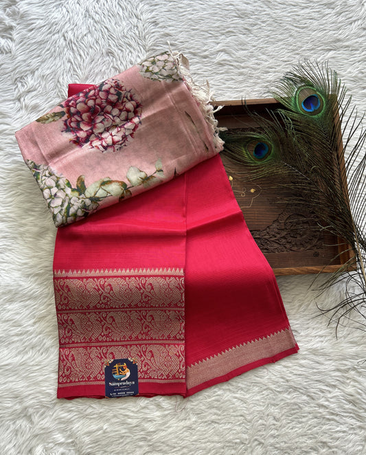 Pure Mangalagiri Pattu Dress Material Dark Pink Colored Paired with a Baby Pink Color Floral Dupatta - Sampradaya Designer Studio