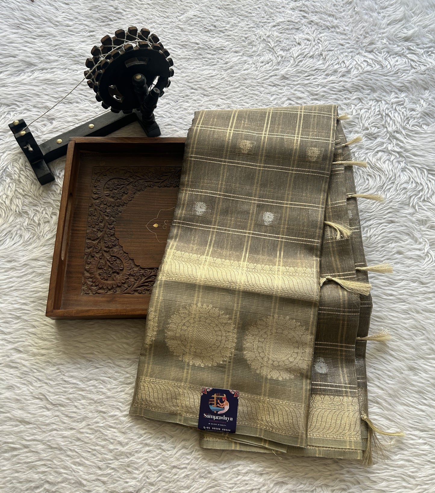 Tissue Silk kota Saree Elephant Gray colored Complemented with a Buti Border. - Sampradaya Designer Studio