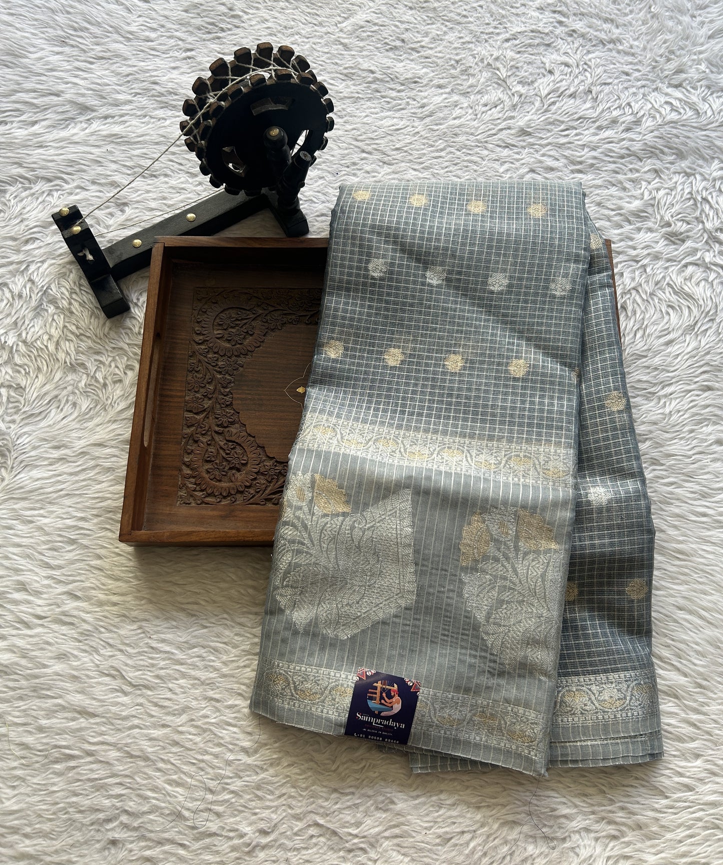 Tissue Silk kota Saree Silver colored Complemented with a Buti Border. - Sampradaya Designer Studio