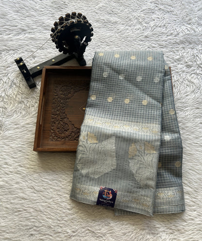 Tissue Silk kota Saree Silver colored Complemented with a Buti Border. - Sampradaya Designer Studio