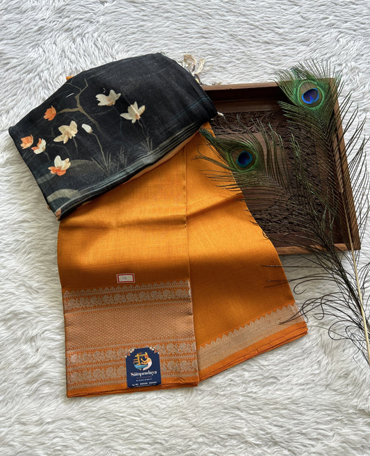 Pure Mangalagiri Pattu Dress Material Orange Colored Paired with a Coral Color Digital Print Dupatta - Sampradaya Designer Studio