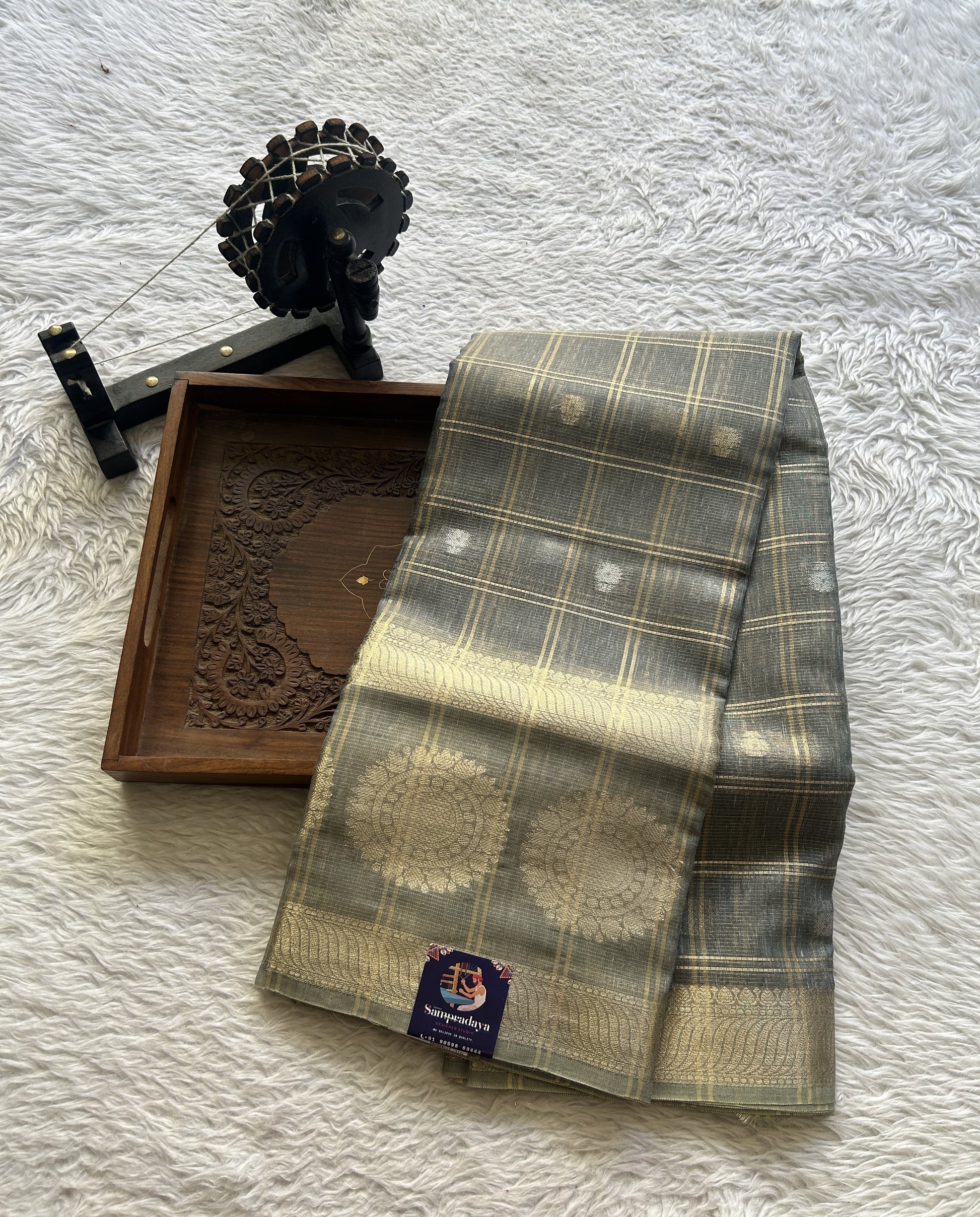 Tissue Silk kota Saree Flint colored Complemented with a Buti Border. - Sampradaya Designer Studio