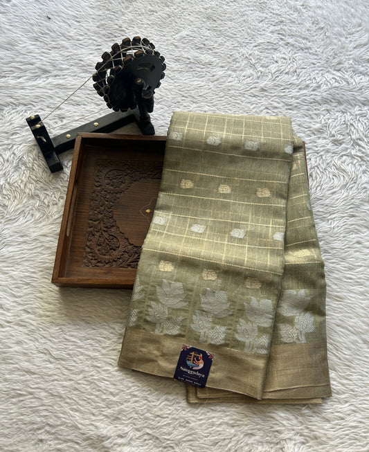 Tissue Silk kota Saree Olive Green colored Complemented with a Buti Border. - Sampradaya Designer Studio