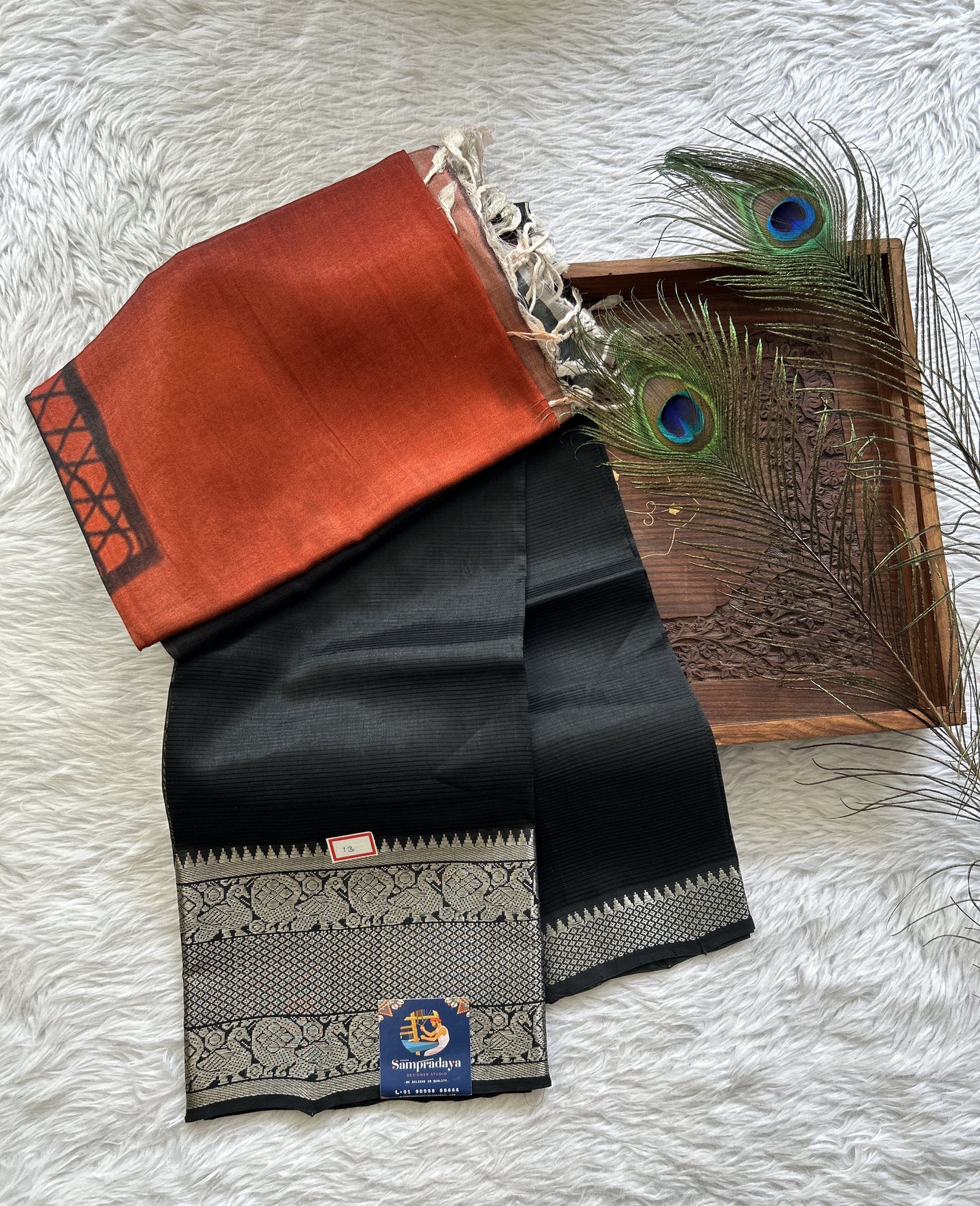 Pure Mangalagiri Pattu Dress Material Black Colored Paired with a Rust Color Digital Print Dupatta - Sampradaya Designer Studio