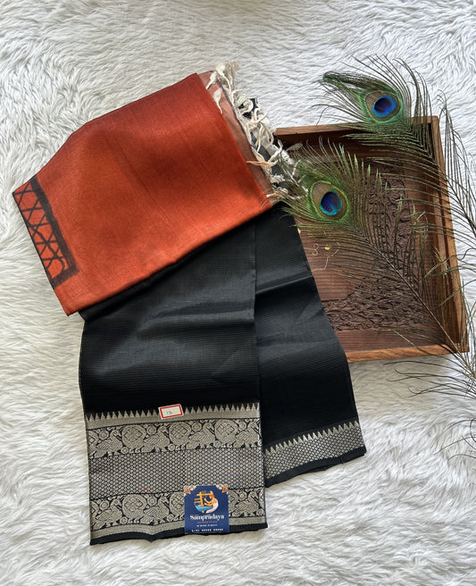 Pure Mangalagiri Pattu Dress Material Black Colored Paired with a Rust Color Digital Print Dupatta - Sampradaya Designer Studio