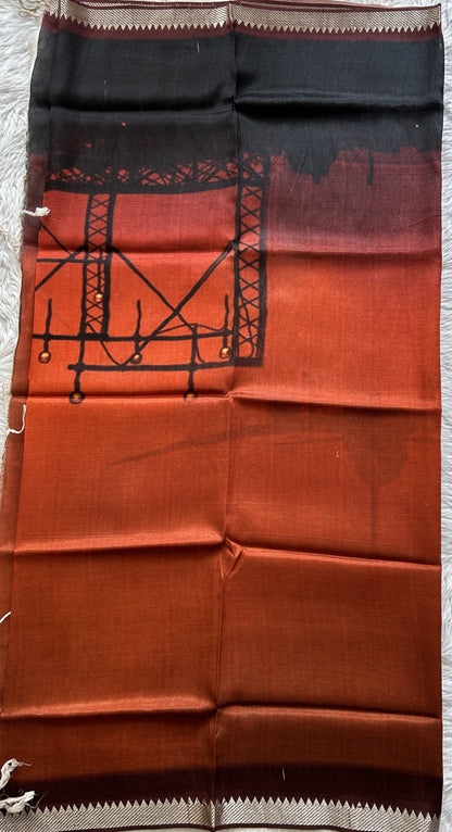 Pure Mangalagiri Pattu Dress Material Black Colored Paired with a Rust Color Digital Print Dupatta - Sampradaya Designer Studio