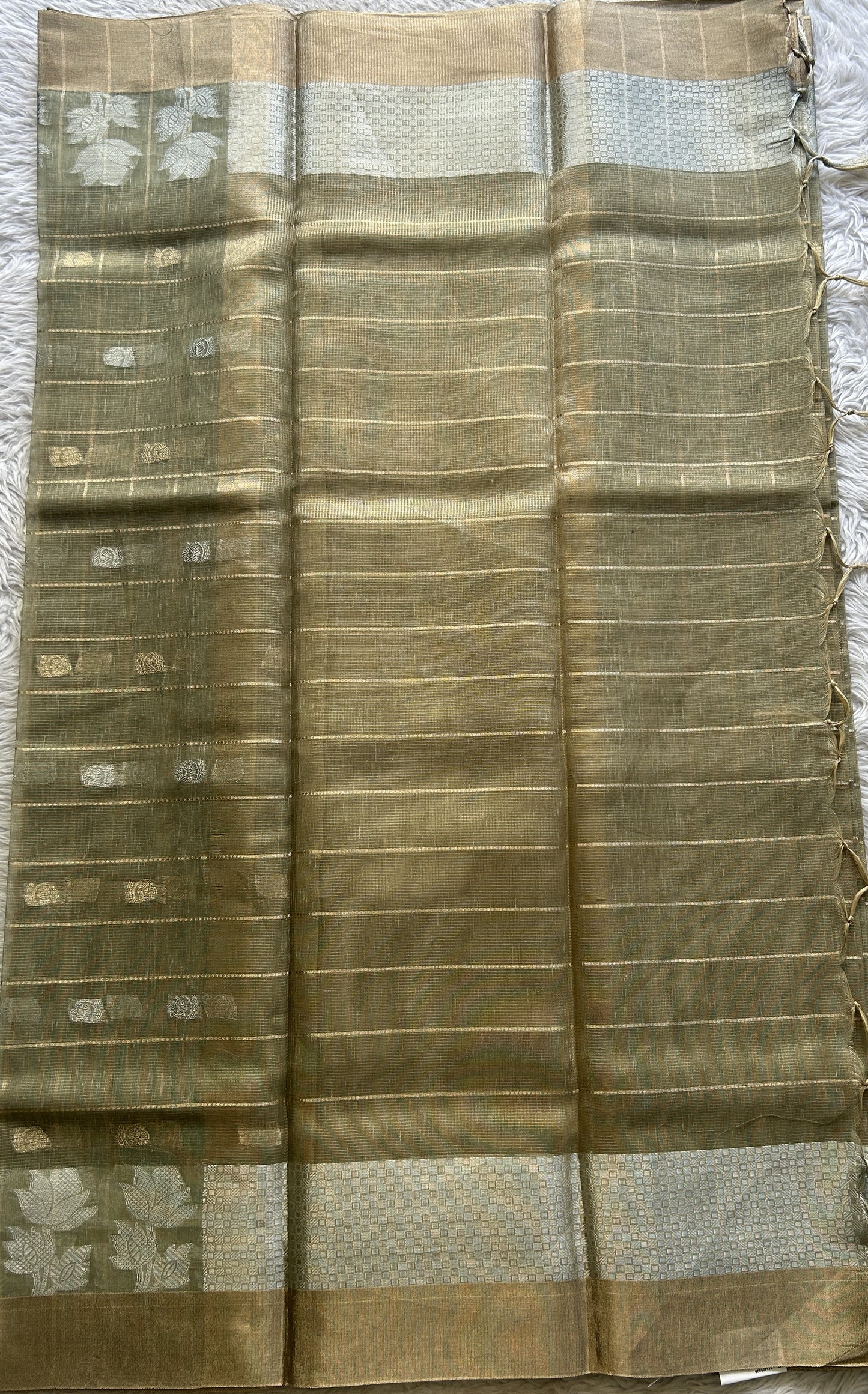 Tissue Silk kota Saree Olive Green colored Complemented with a Buti Border. - Sampradaya Designer Studio