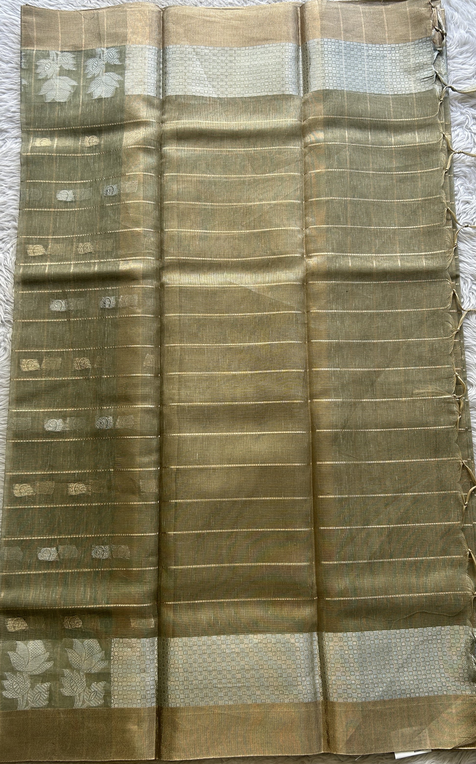 Tissue Silk kota Saree Olive Green colored Complemented with a Buti Border. - Sampradaya Designer Studio