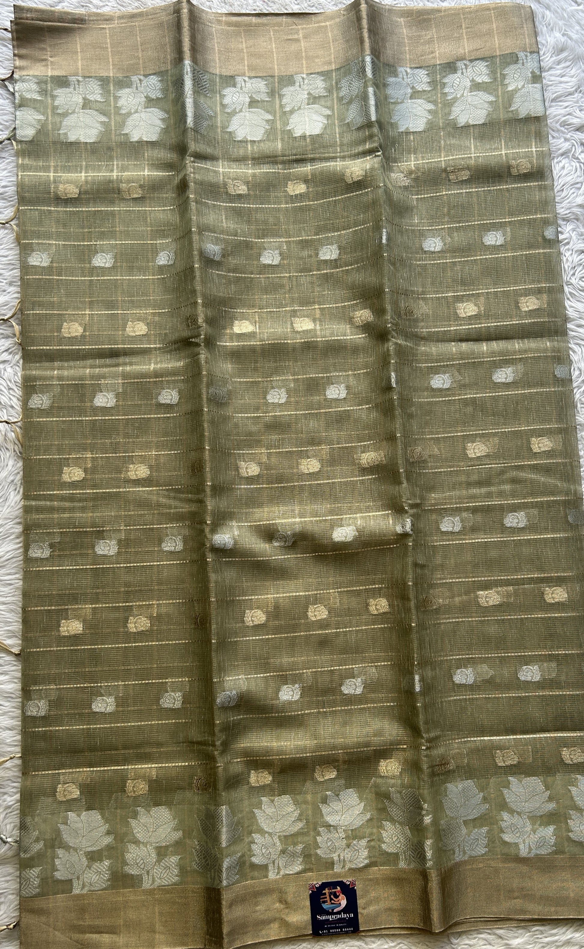 Tissue Silk kota Saree Olive Green colored Complemented with a Buti Border. - Sampradaya Designer Studio