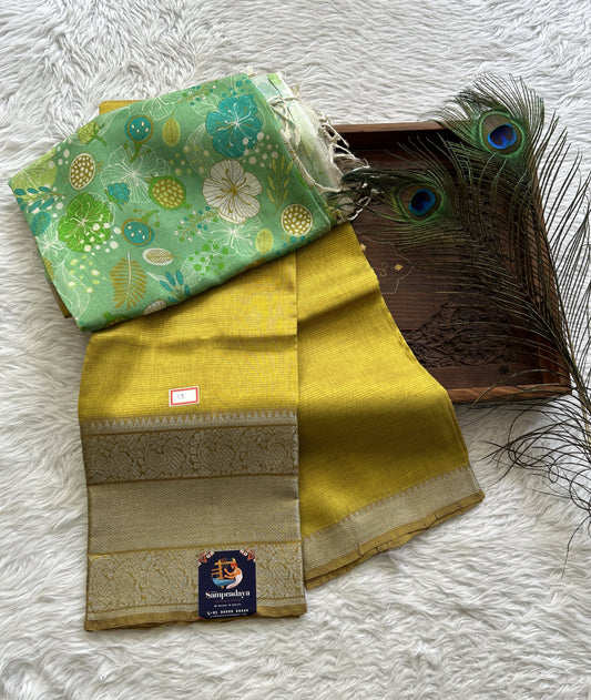 Pure Mangalagiri Pattu Dress Material Neon Yellow Colored Paired with a Brown Color Floral Print Dupatta - Sampradaya Designer Studio