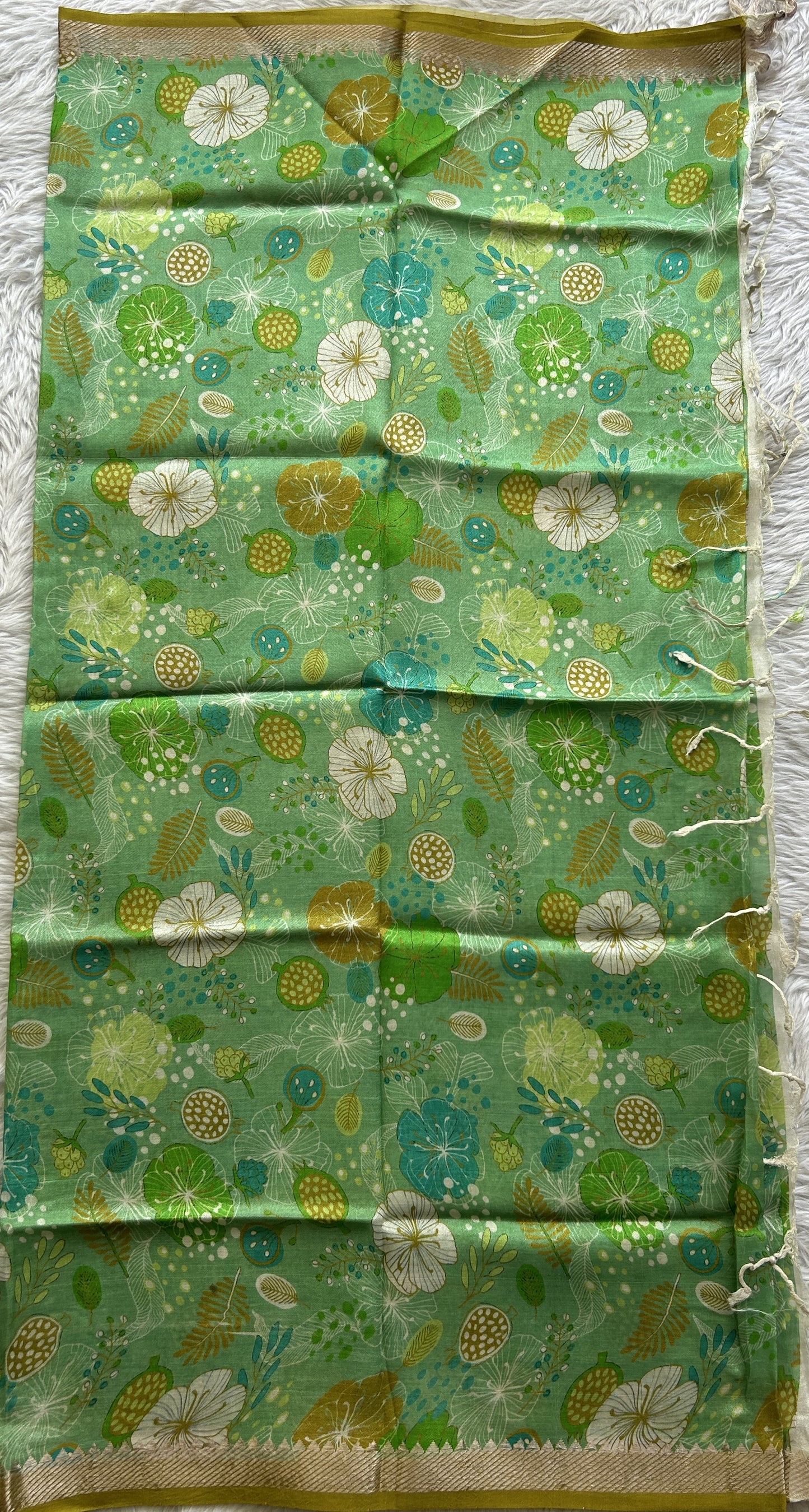 Pure Mangalagiri Pattu Dress Material Neon Yellow Colored Paired with a Brown Color Floral Print Dupatta - Sampradaya Designer Studio
