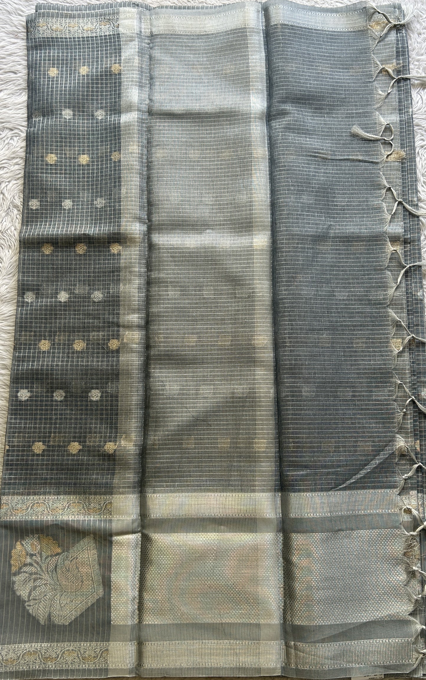 Tissue Silk kota Saree Silver colored Complemented with a Buti Border. - Sampradaya Designer Studio