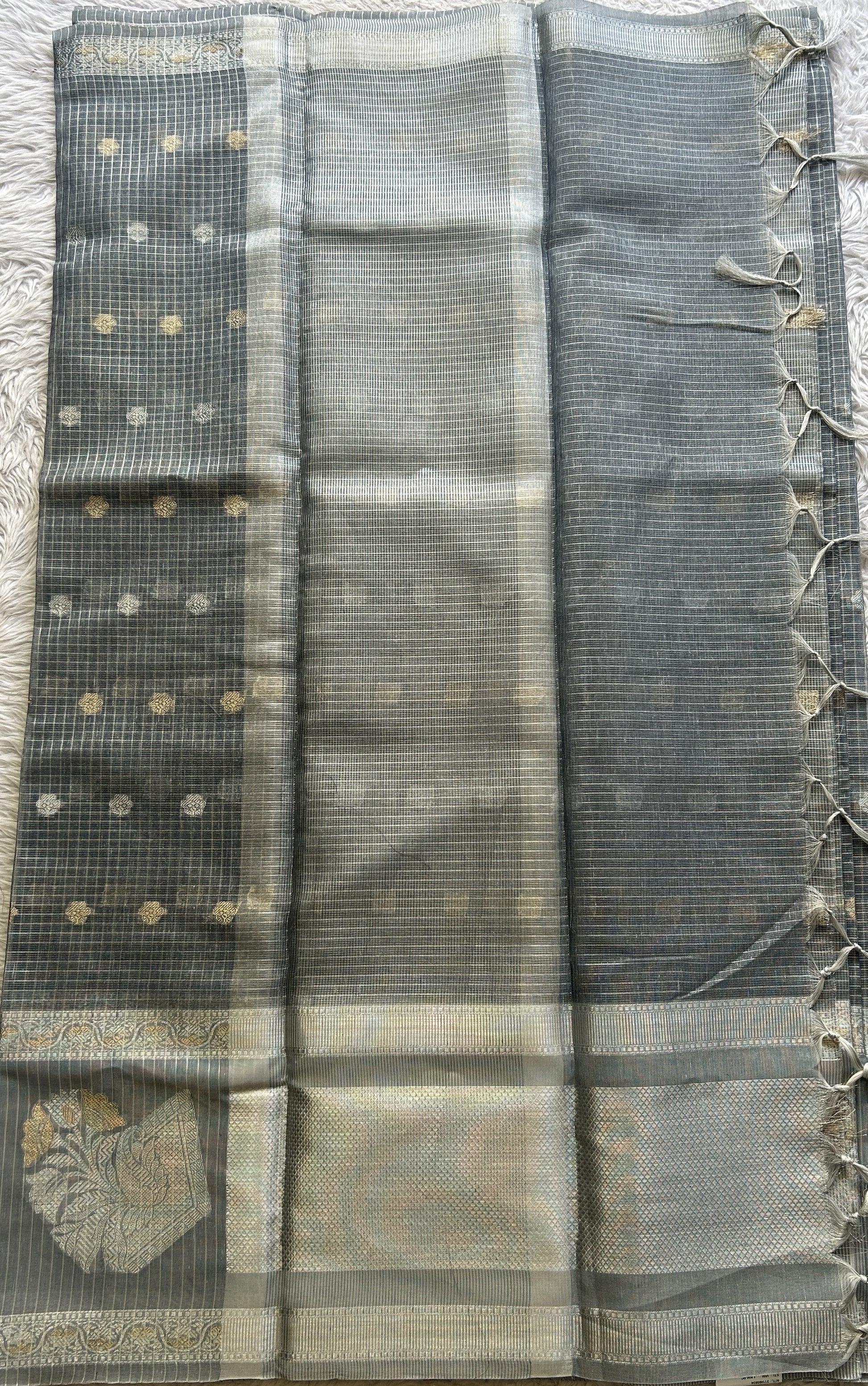 Tissue Silk kota Saree Silver colored Complemented with a Buti Border. - Sampradaya Designer Studio