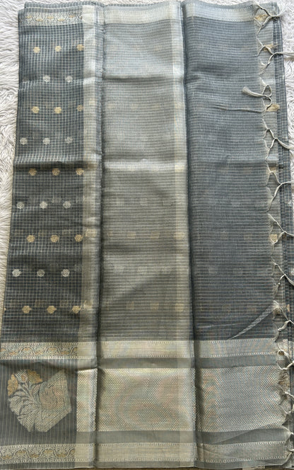 Tissue Silk kota Saree Silver colored Complemented with a Buti Border. - Sampradaya Designer Studio