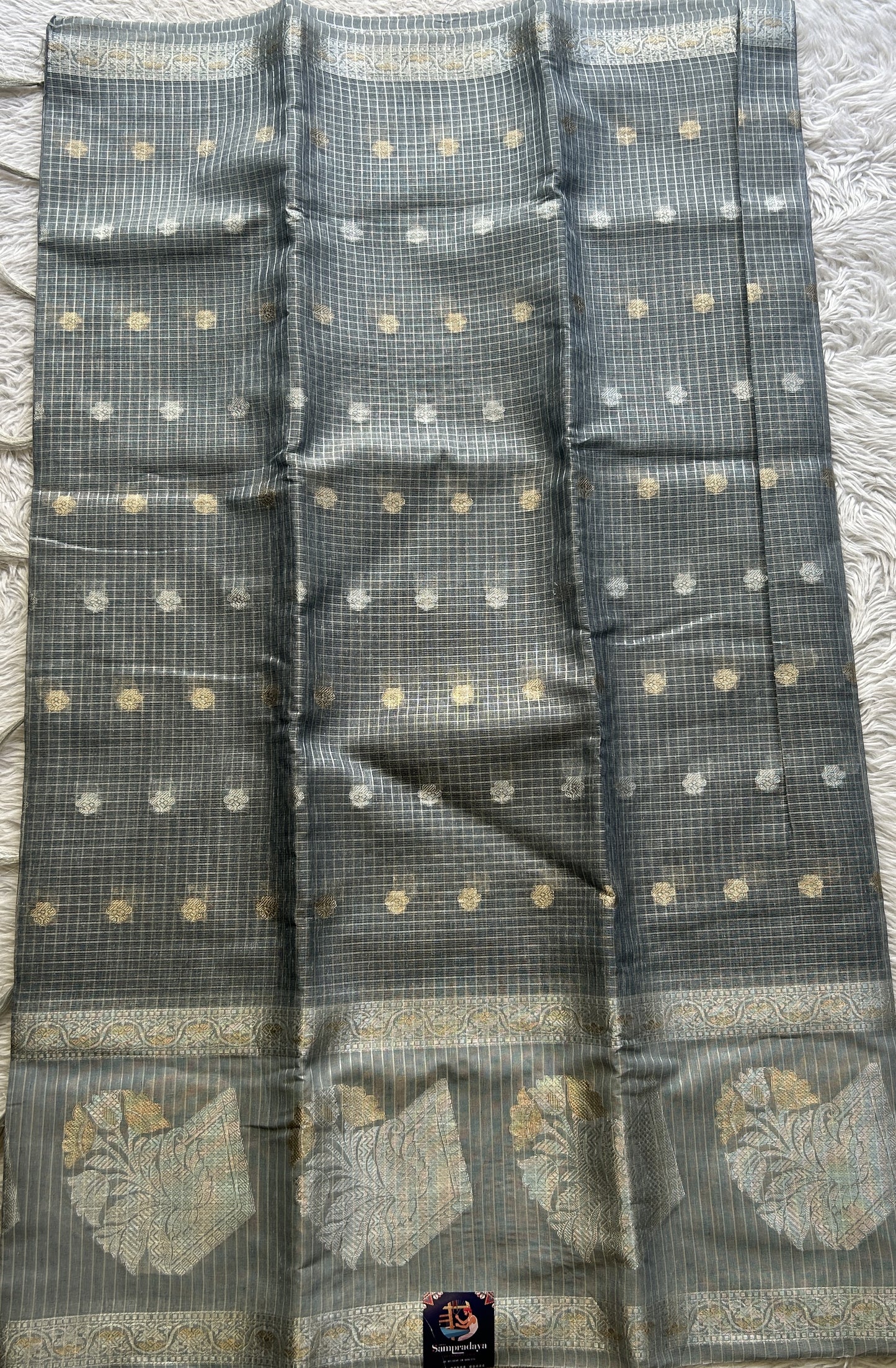 Tissue Silk kota Saree Silver colored Complemented with a Buti Border. - Sampradaya Designer Studio