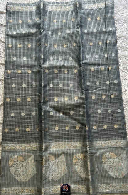 Tissue Silk kota Saree Silver colored Complemented with a Buti Border. - Sampradaya Designer Studio