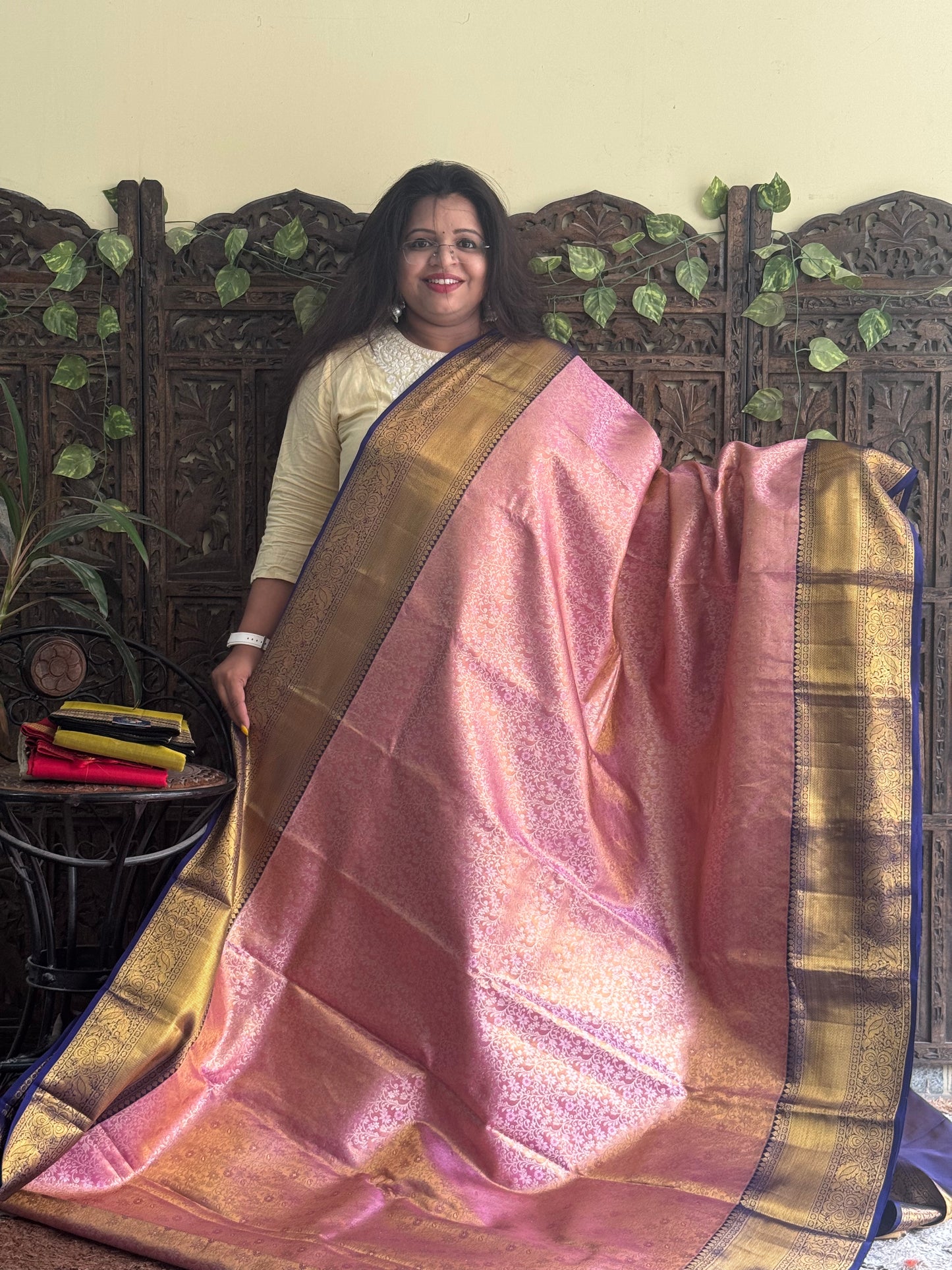 Pure Kanjivaram Silk Saree Baby Pink Colored Complemented with Gold Zari Weaving Border. - Sampradaya Designer Studio