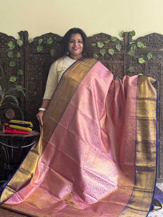 Pure Kanjivaram Silk Saree Baby Pink Colored Complemented with Gold Zari Weaving Border. - Sampradaya Designer Studio