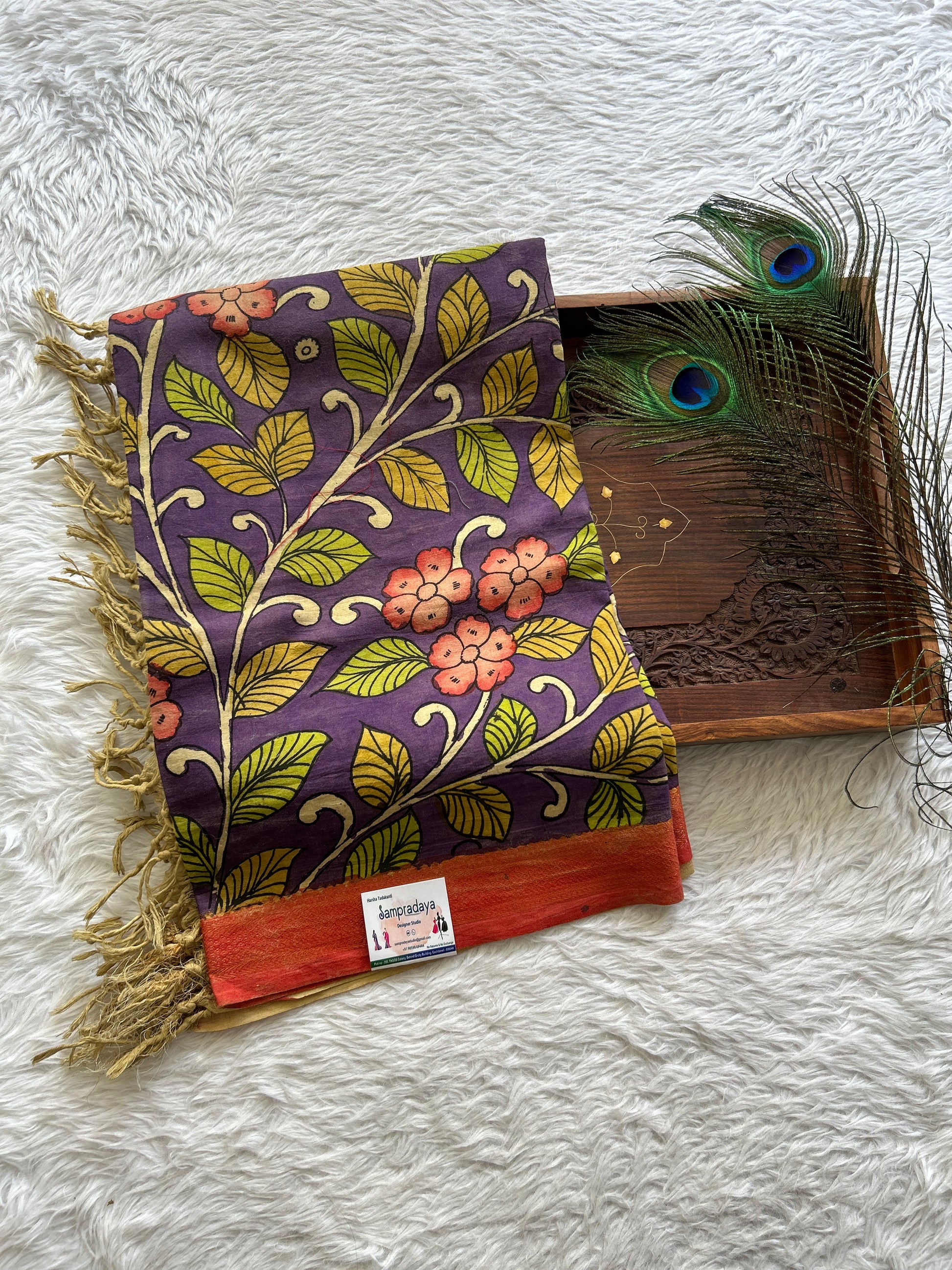 Pure Cotton Hand Pen Kalamkari Purple Colored with a Tassels Dupatta. - Sampradaya Designer Studio