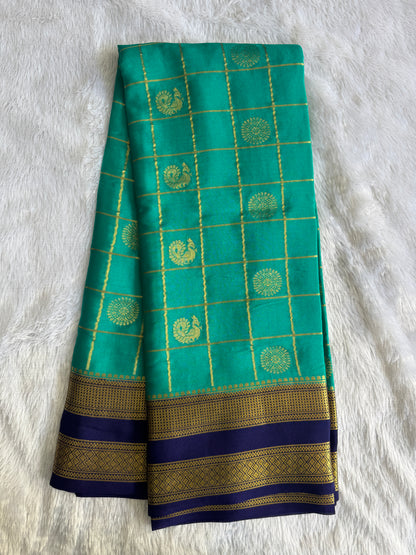Rana Green Mysore Crepe Silk Saree with Silver Zari Border | Pure Handloom | Silk Mark Certified