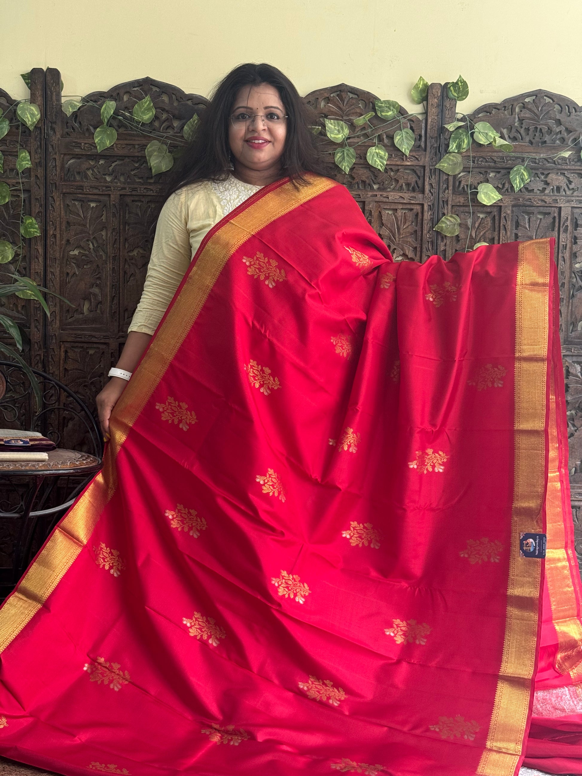 Pure Kanjivaram Silk Saree Red Colored Complemented with Gold Zari Weaving Border. - Sampradaya Designer Studio