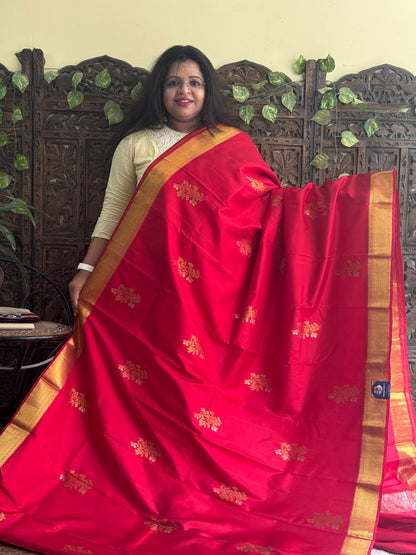 Pure Kanjivaram Silk Saree Red Colored Complemented with Gold Zari Weaving Border. - Sampradaya Designer Studio