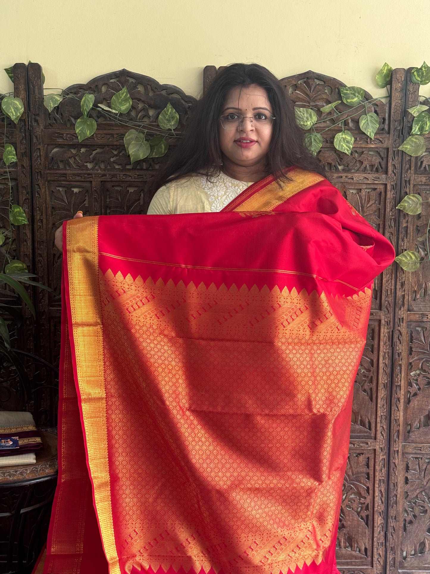 Pure Kanjivaram Silk Saree Red Colored Complemented with Gold Zari Weaving Border. - Sampradaya Designer Studio