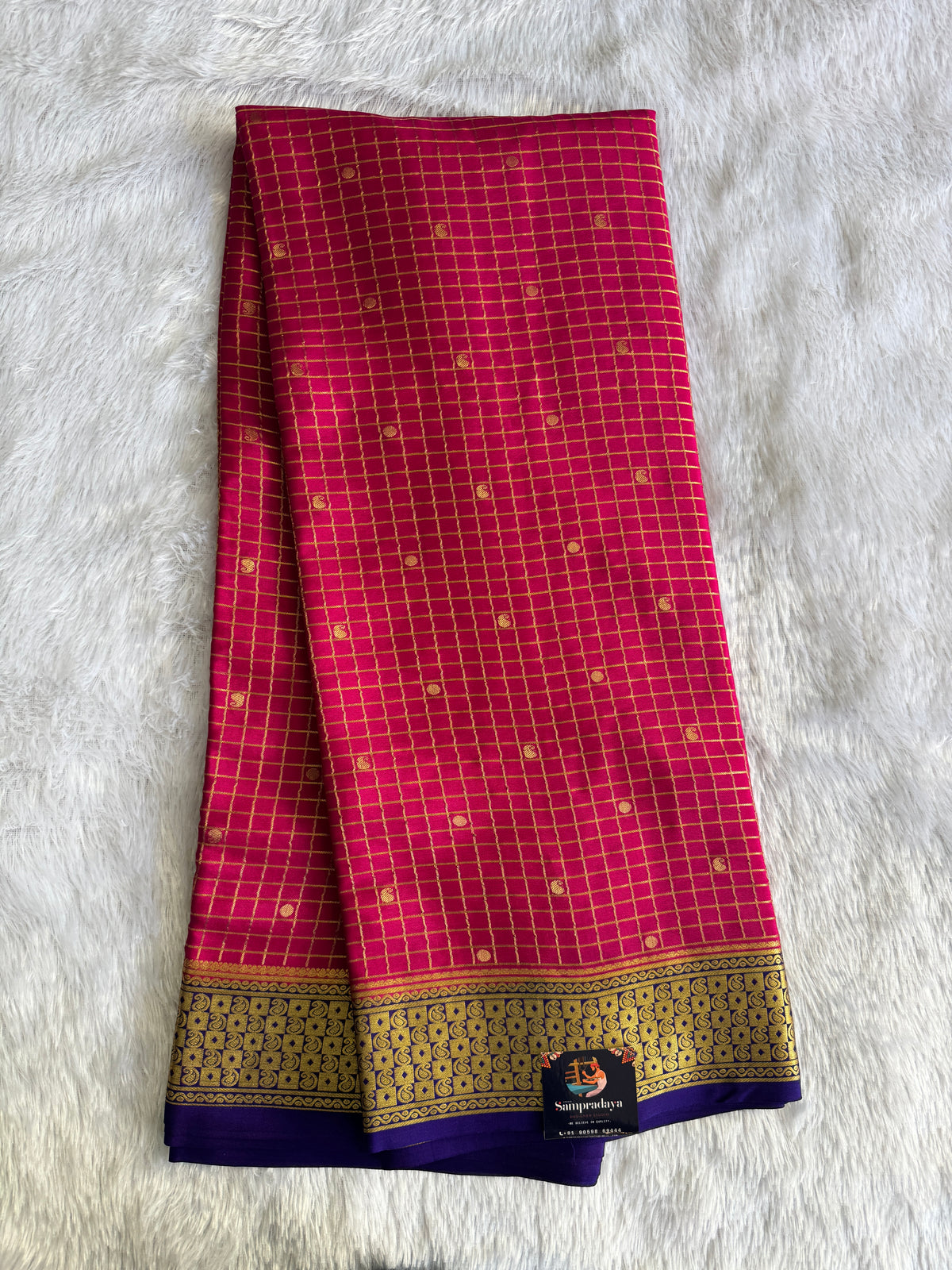 Rani Pink Mysore Crepe Silk Saree with Silver Zari Border | Pure Handloom | Silk Mark Certified