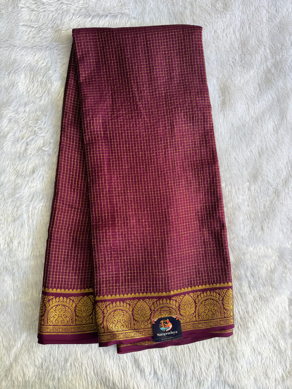 Deep Purple Mysore Crepe Silk Saree with Silver Zari Border | Pure Handloom | Silk Mark Certified