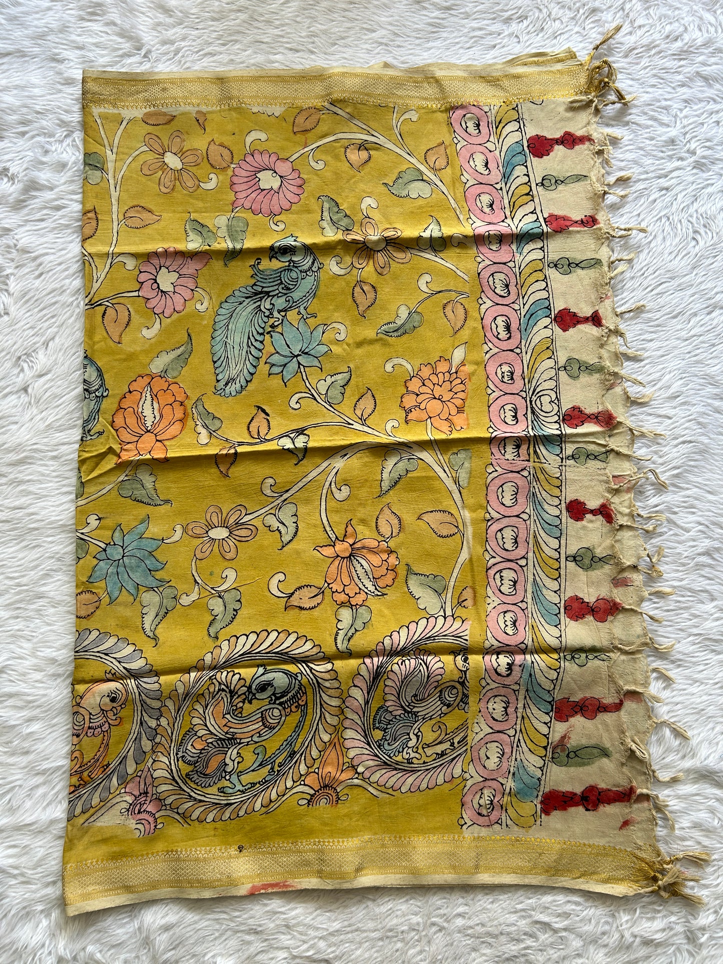 Pure Cotton Hand Pen Kalamkari Lemon Yellow Colored Dupatta with a Zari Border. - Sampradaya Designer Studio