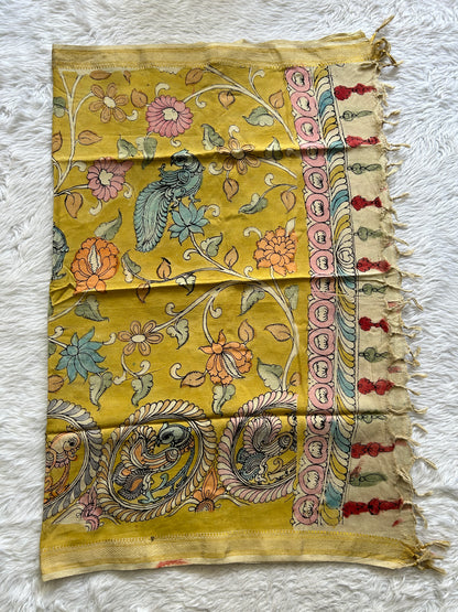 Pure Cotton Hand Pen Kalamkari Lemon Yellow Colored Dupatta with a Zari Border. - Sampradaya Designer Studio
