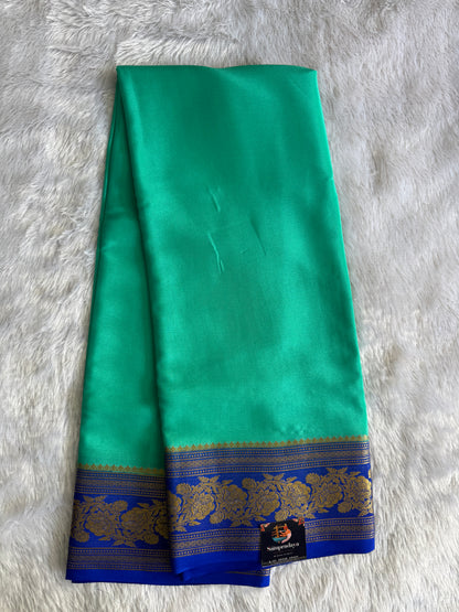Sea Green Mysore Crepe Silk Saree with Silver Zari Border | Pure Handloom | Silk Mark Certified