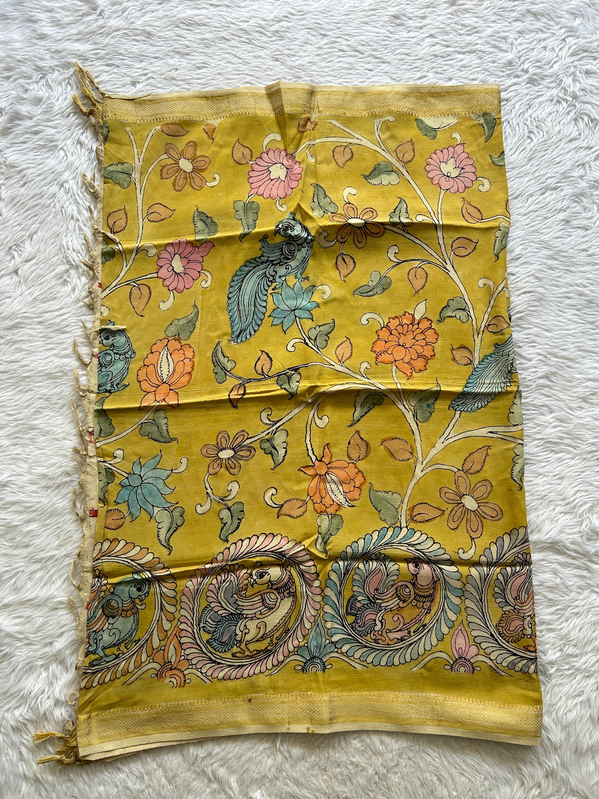 Pure Cotton Hand Pen Kalamkari Lemon Yellow Colored Dupatta with a Zari Border. - Sampradaya Designer Studio