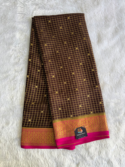 Brown Mysore Crepe Silk Saree with Silver Zari Border | Pure Handloom | Silk Mark Certified