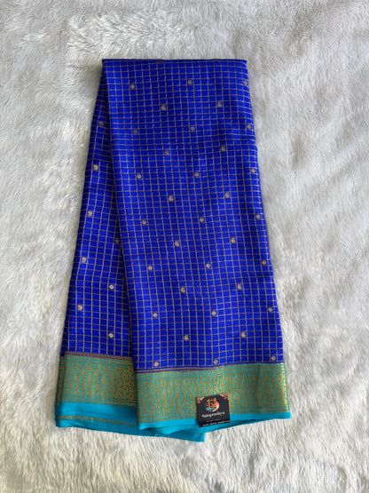 Ink Blue Mysore Crepe Silk Saree with Silver Zari Border | Pure Handloom | Silk Mark Certified