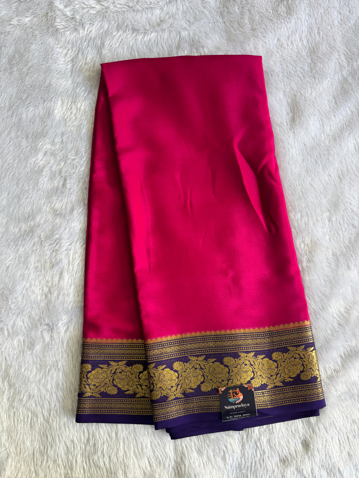 Rani Pink Mysore Crepe Silk Saree with Silver Zari Border | Pure Handloom | Silk Mark Certified
