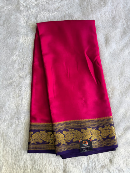 Rani Pink Mysore Crepe Silk Saree with Silver Zari Border | Pure Handloom | Silk Mark Certified