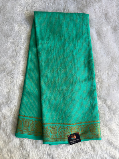 Sea Green Mysore Crepe Silk Saree with Silver Zari Border | Pure Handloom | Silk Mark Certified