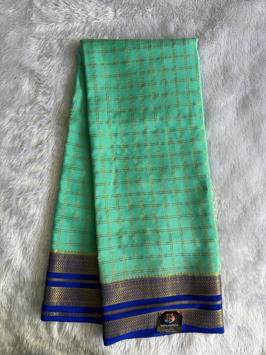 Sea Green Mysore Crepe Silk Saree with Silver Zari Border | Pure Handloom | Silk Mark Certified