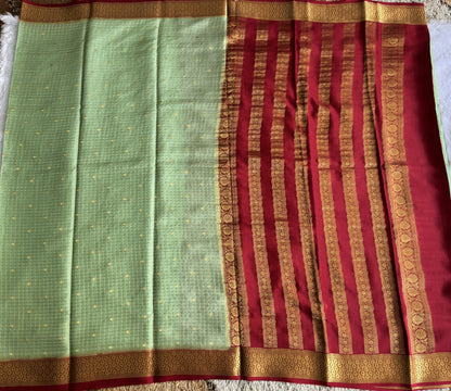 Sea Green Mysore Crepe Silk Saree with Silver Zari Border | Pure Handloom | Silk Mark Certified