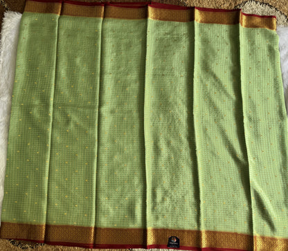 Sea Green Mysore Crepe Silk Saree with Silver Zari Border | Pure Handloom | Silk Mark Certified