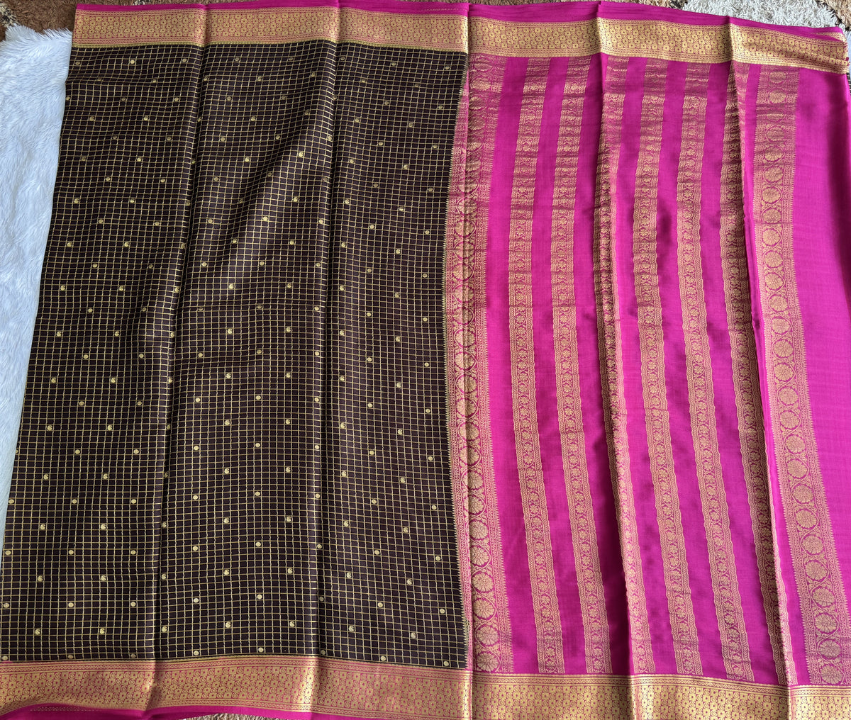 Brown Mysore Crepe Silk Saree with Silver Zari Border | Pure Handloom | Silk Mark Certified