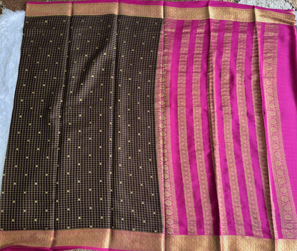 Brown Mysore Crepe Silk Saree with Silver Zari Border | Pure Handloom | Silk Mark Certified