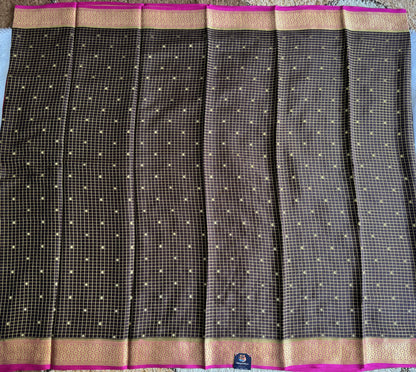 Brown Mysore Crepe Silk Saree with Silver Zari Border | Pure Handloom | Silk Mark Certified