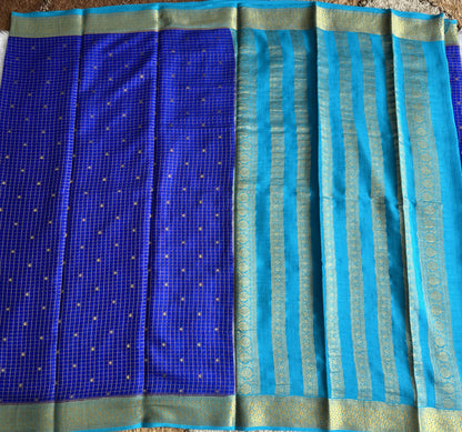 Ink Blue Mysore Crepe Silk Saree with Silver Zari Border | Pure Handloom | Silk Mark Certified