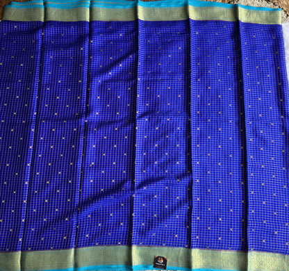 Ink Blue Mysore Crepe Silk Saree with Silver Zari Border | Pure Handloom | Silk Mark Certified