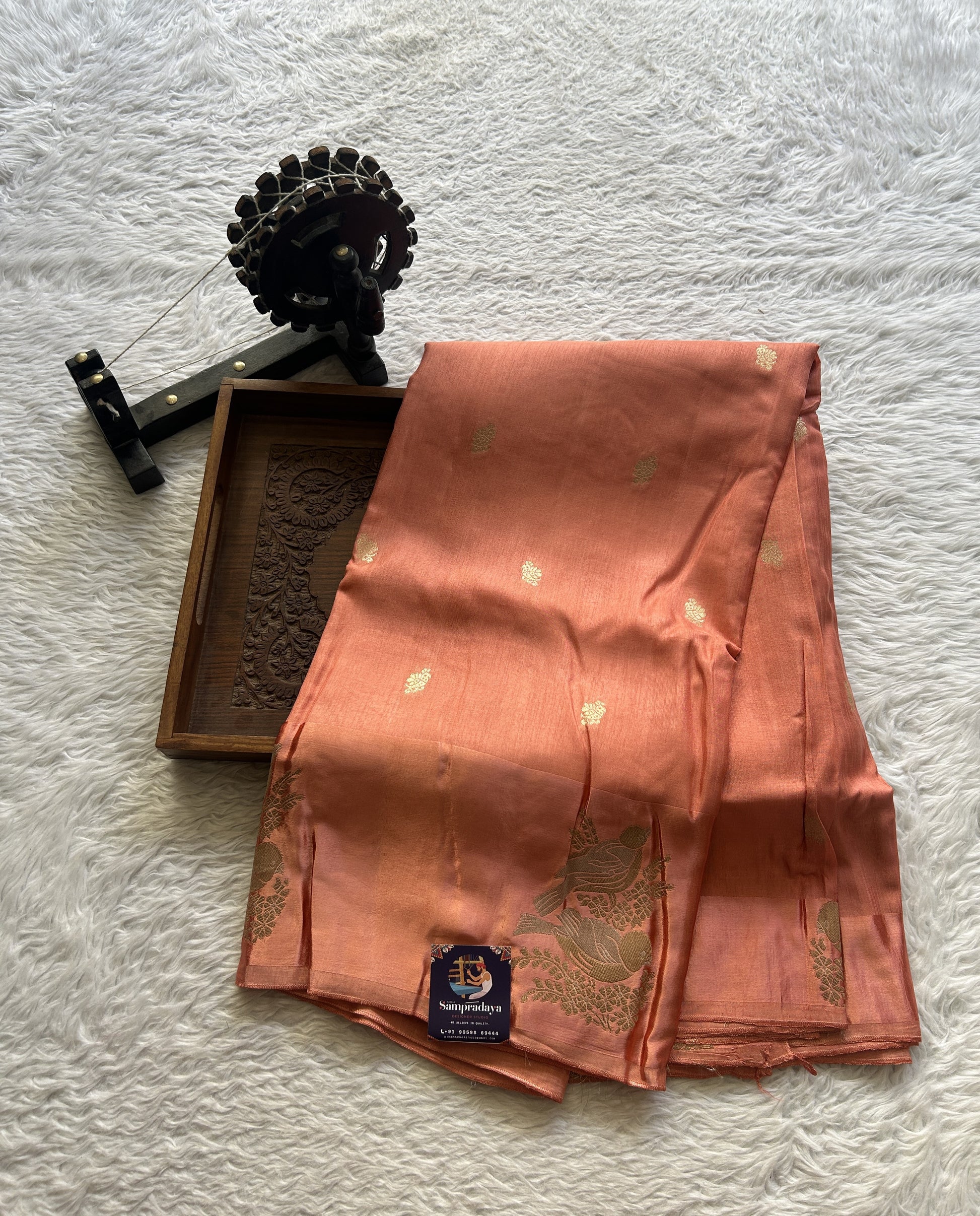Mona Silk Saree Light Peach Colored Complemented with a Mashrur Border. - Sampradaya Designer Studio